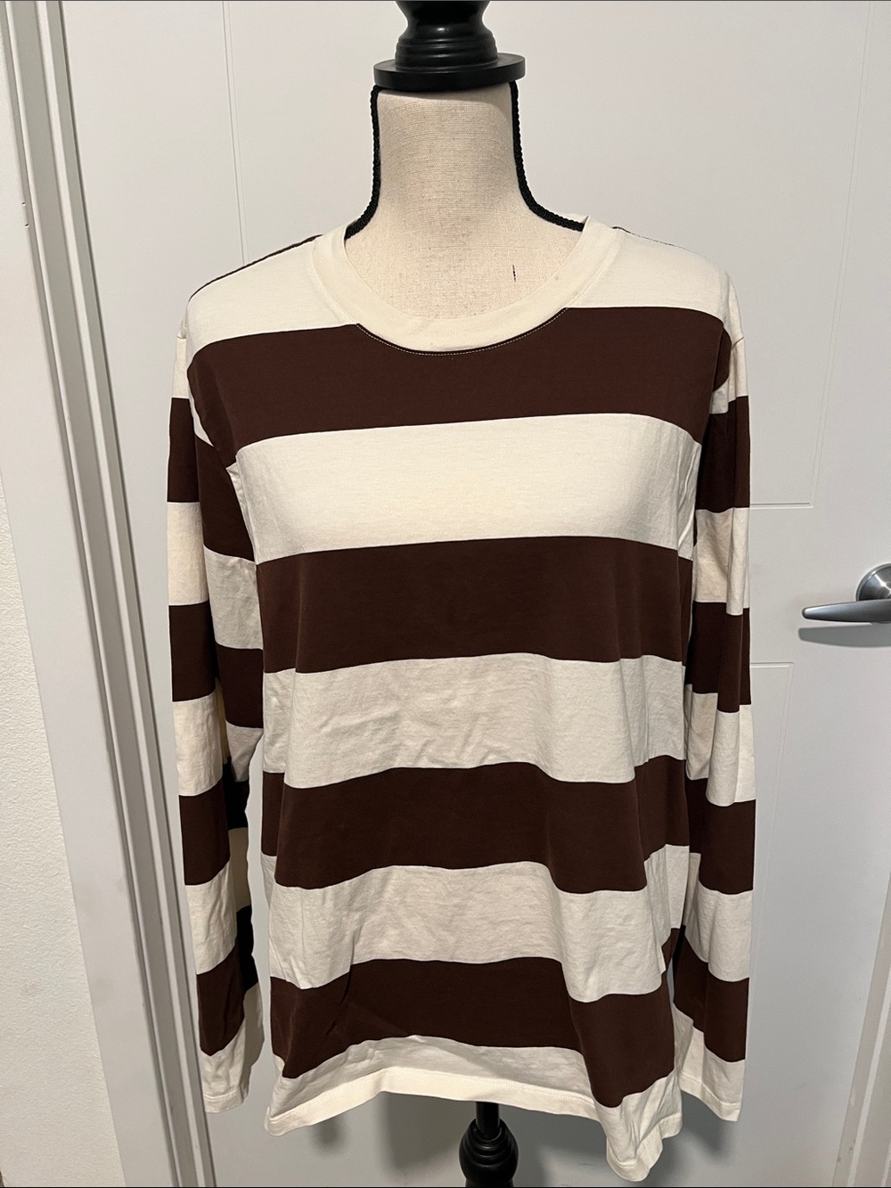 Clare V. Off White Brown Wide Striped 100% Cotton Classic Long Sleeve Shirt